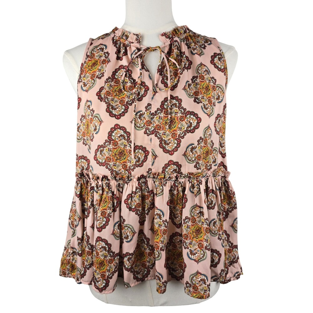 Loft Sleeveless Peplum Blouse Women XSP Pink Medallion Paisley Boho Top